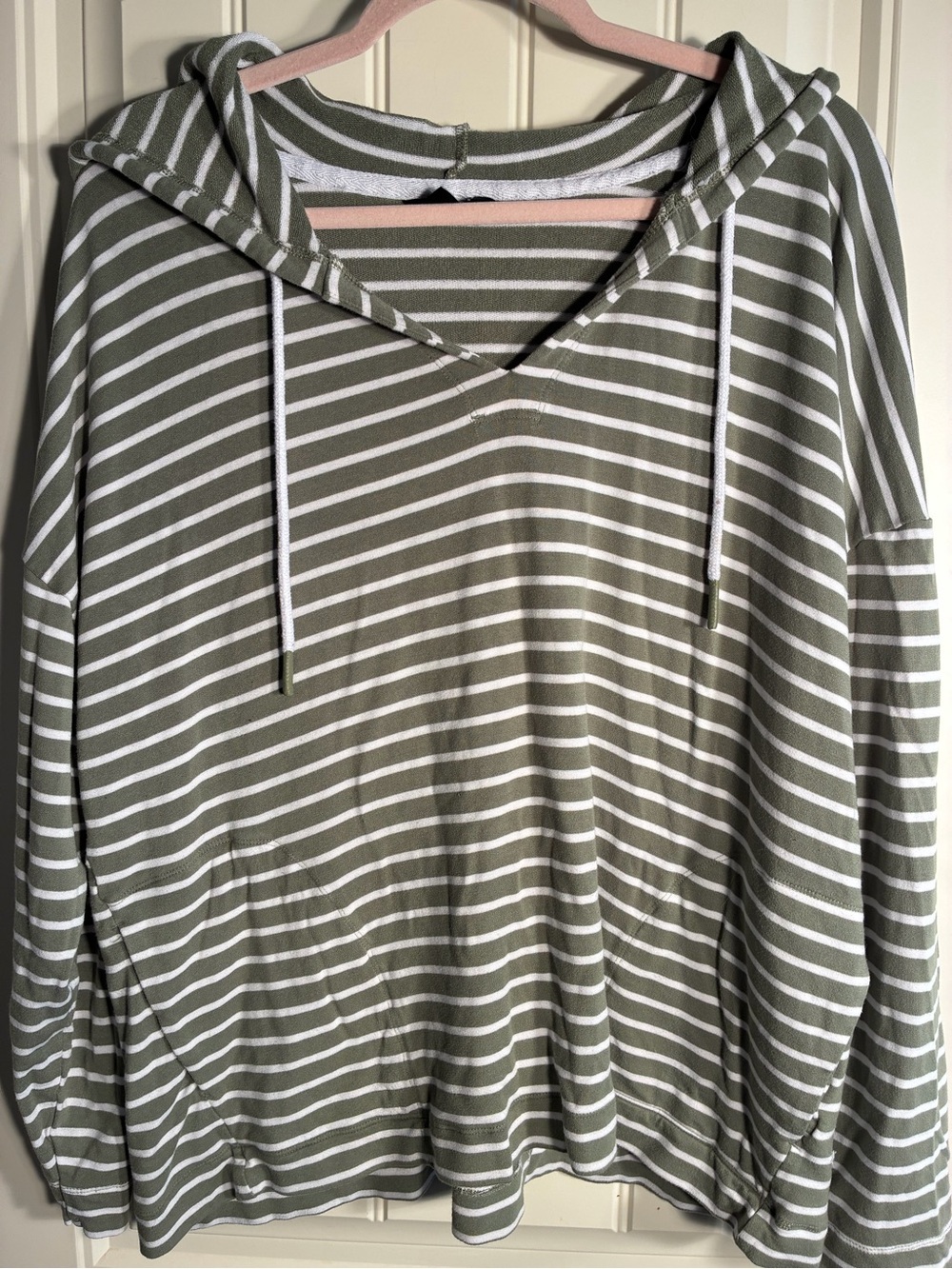 Buffalo David Bitton Olive Green and White Striped V-Neck Hoodie Sweater women’s